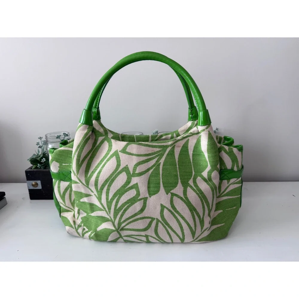 Kate Spade Green Tropical Leaf Print Canvas Tote Bag Patent Leather Trim